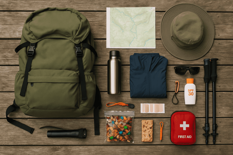 Essential items for what to pack for a day hike, laid out for easy packing