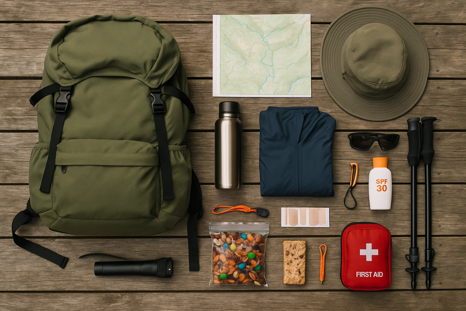 Essential items for what to pack for a day hike, laid out for easy packing
