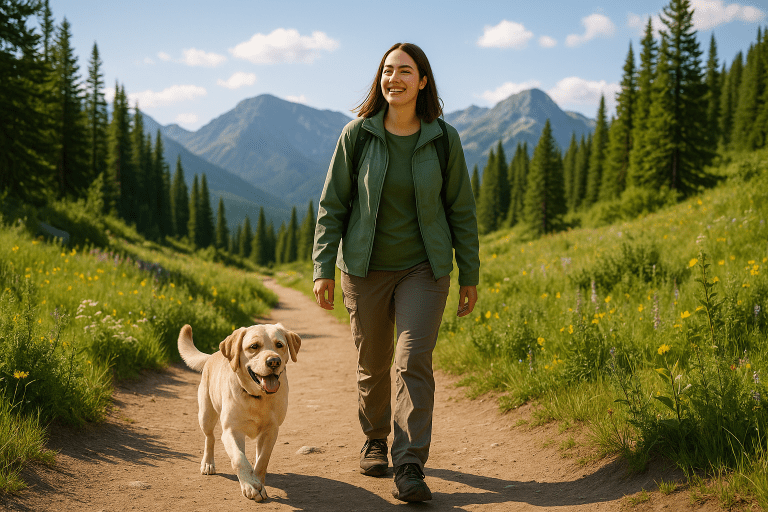 Owner and their dog exploring a scenic route, exemplifying hiking with your dog.