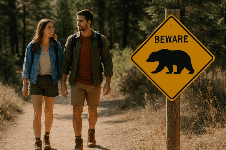 Two hikers on a trail with a 'Beware Bear' sign, emphasizing wildlife awareness for how to stay safe while hiking