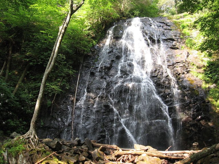 The majestic 60-foot main cascade of Crabtree Falls North Carolina surrounded by lush forest