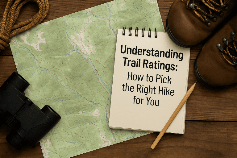 A paper trail map and hiking guidebook on a wooden surface, showing difficulty levels and elevation profiles for beginners planning a hike