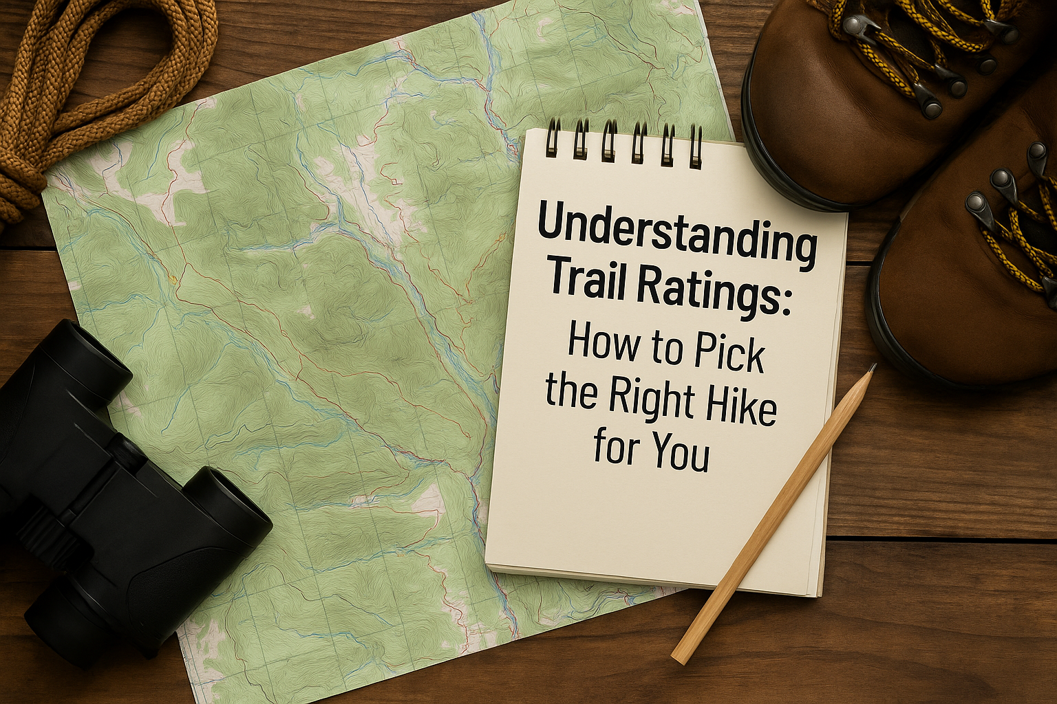 A paper trail map and hiking guidebook on a wooden surface, showing difficulty levels and elevation profiles for beginners planning a hike
