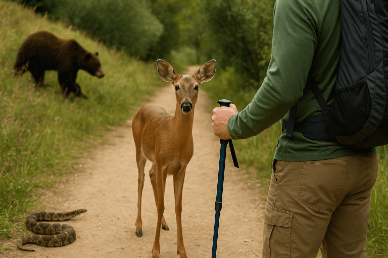 image of a person encountering wildlife while on a hiking trail