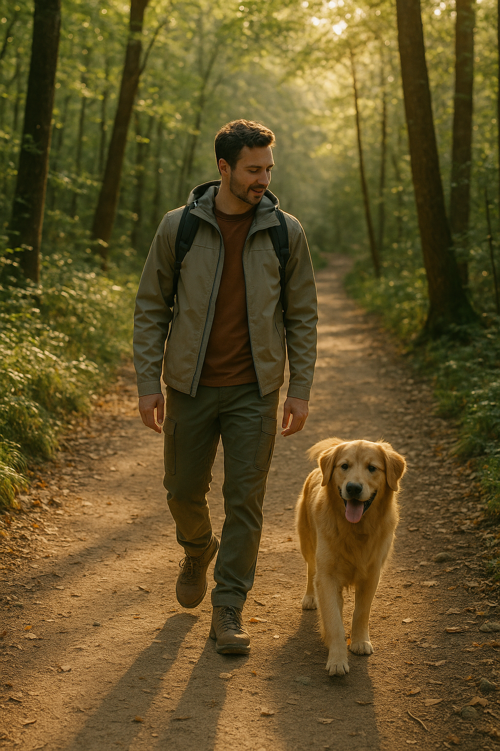 a man and his dog on a hiking trail