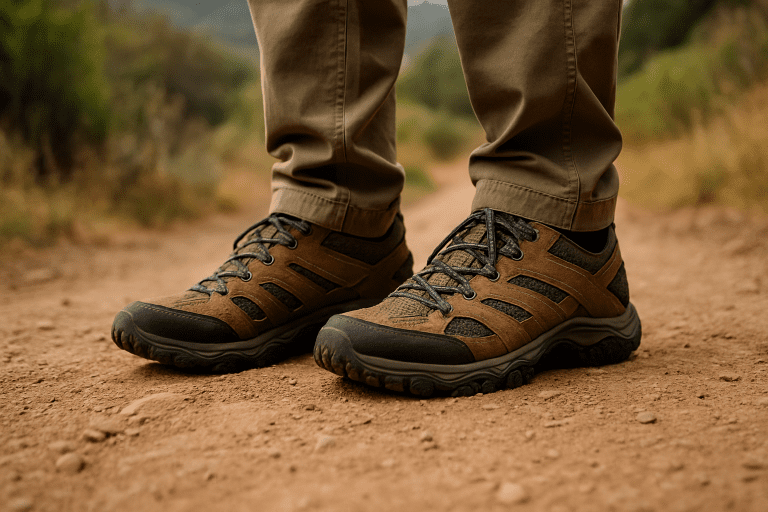 Close-up of hiking shoes on a trail, highlighting key features for how to choose hiking shoes