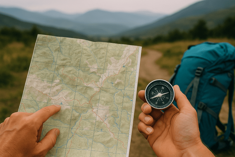Hiker learning how to read a trail map with a compass for accurate navigation