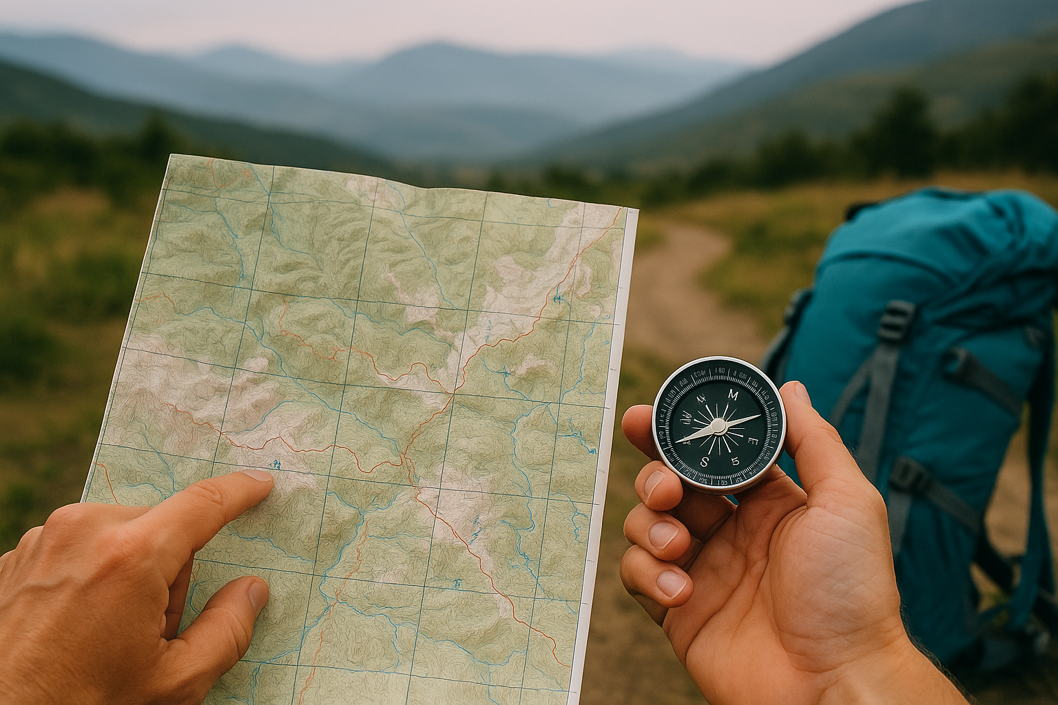 Hiker learning how to read a trail map with a compass for accurate navigation