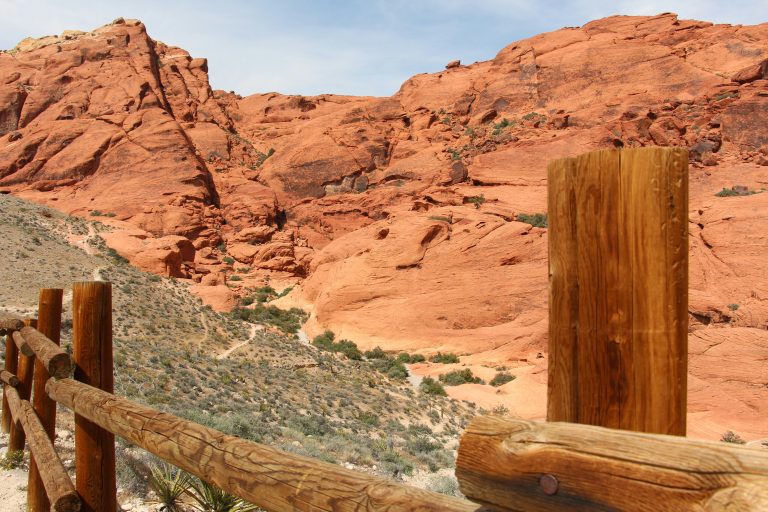 Panoramic view of Red Rock Canyon's vibrant red and white sandstone cliffs Calico Tanks Trail
