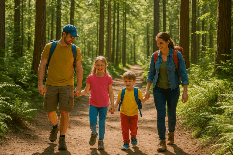"A family with kids enjoying their first family hike."