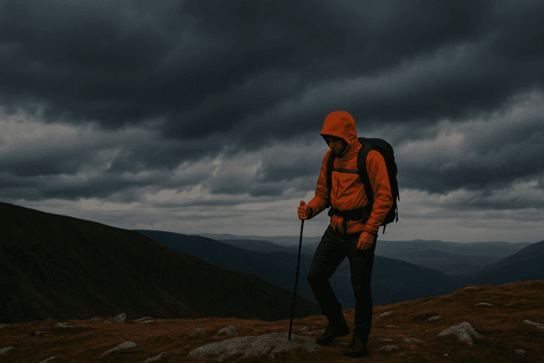 A hiker on a windy ridge practicing hiking safety during sudden weather changes.