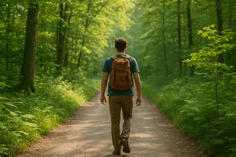 A solo hiker walking through a peaceful forest trail surrounded by sunlight and greenery, representing mental clarity and calm.