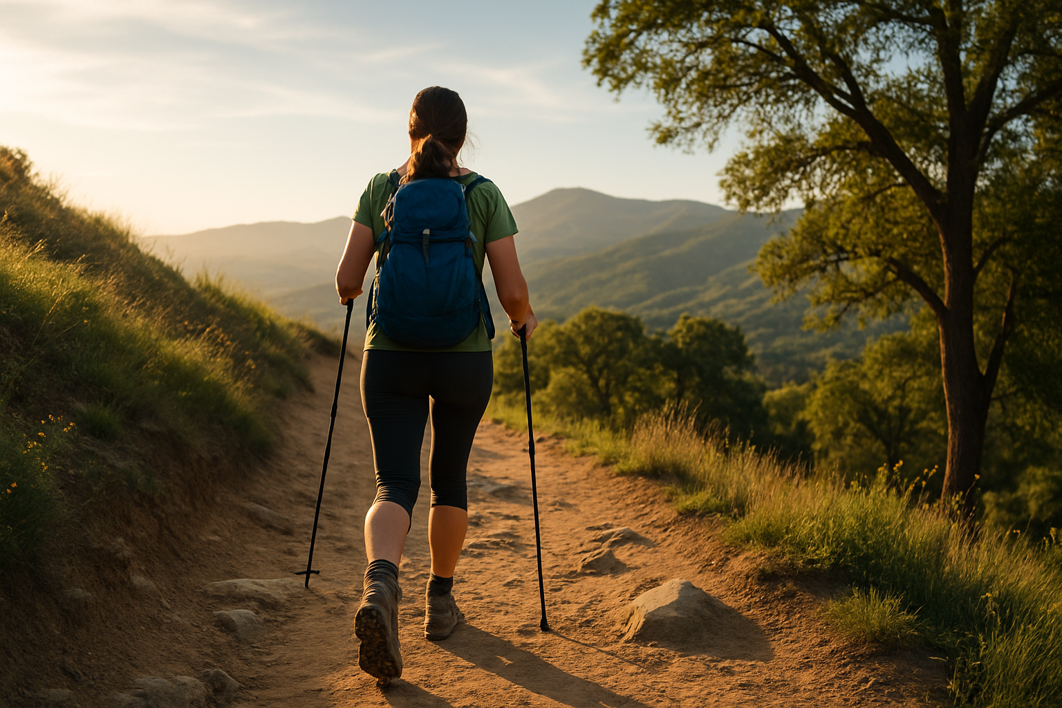A hiker walking uphill with scenic views, symbolizing natural belly fat loss and whole-body health.