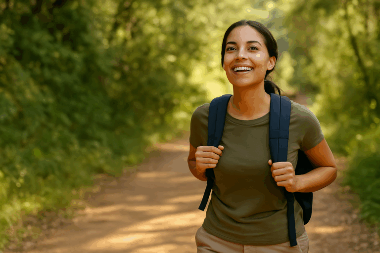 A smiling hiker walking along a sunlit trail, radiating strength and confidence after a solo hike.