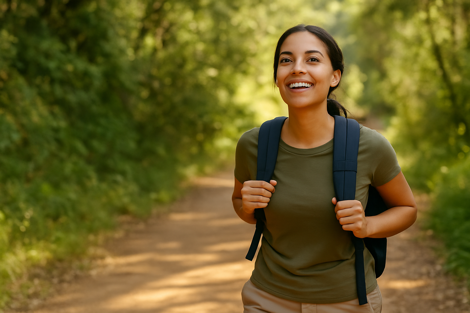 A smiling hiker walking along a sunlit trail, radiating strength and confidence after a solo hike.