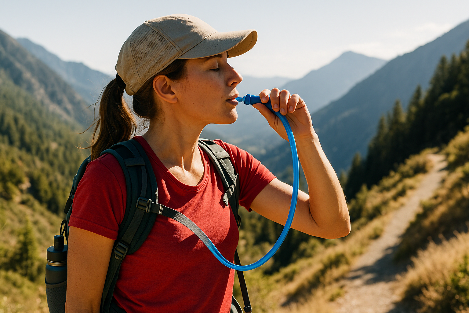 A hiker drinks from a hydration tube while standing on a sunny mountain trail.