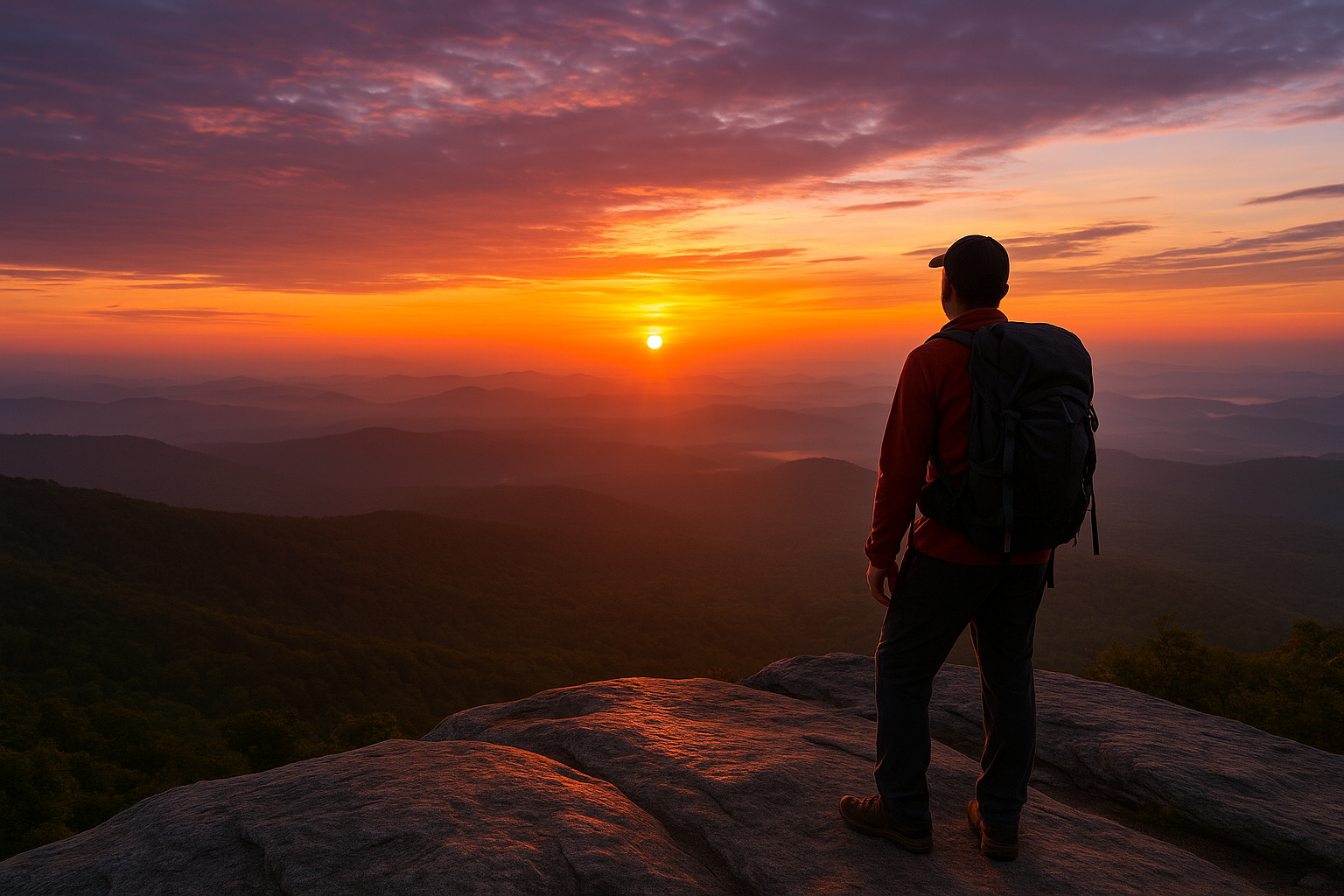 A hiker watches a colorful sunrise from a safe mountain overlook on a beginner trail.