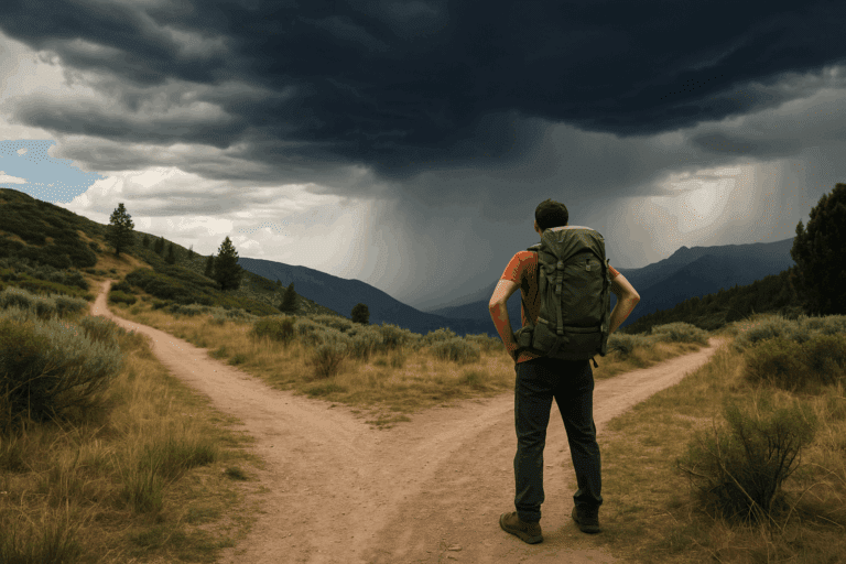 A lone hiker standing at a fork in the trail, looking back with storm clouds forming overhead, symbolizing the decision to turn around.