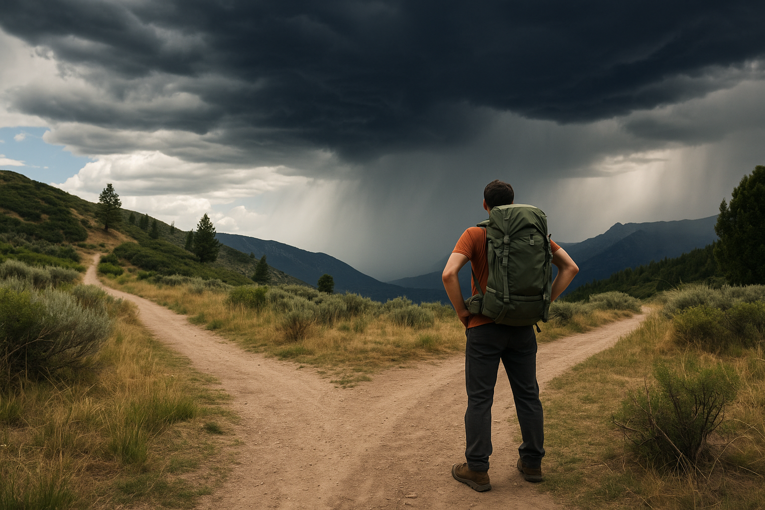 A lone hiker standing at a fork in the trail, looking back with storm clouds forming overhead, symbolizing the decision to turn around.