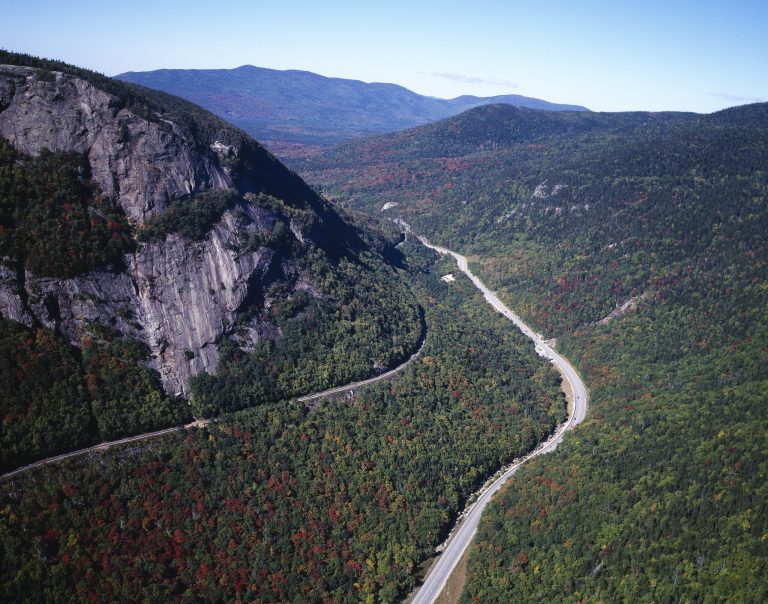 Breathtaking panoramic view of Crawford Notch from the Mount Willard Trail NH summit.