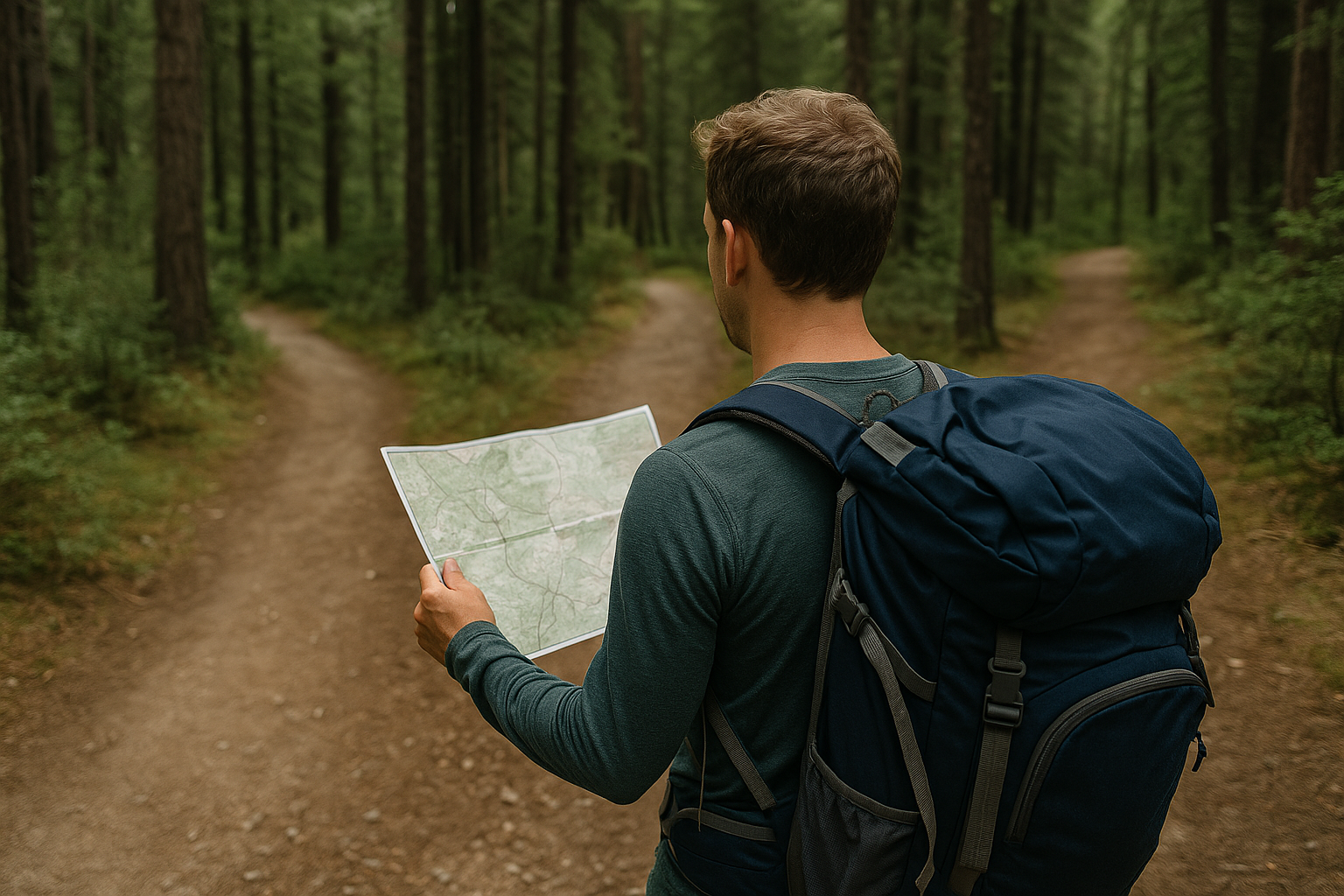 A hiker looks confused at a trail fork — showing what to do if you get lost while hiking.