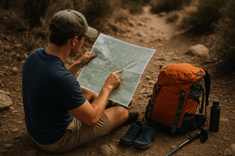 A hiker checking gear on a trail, representing beginner hiking mistakes to avoid
