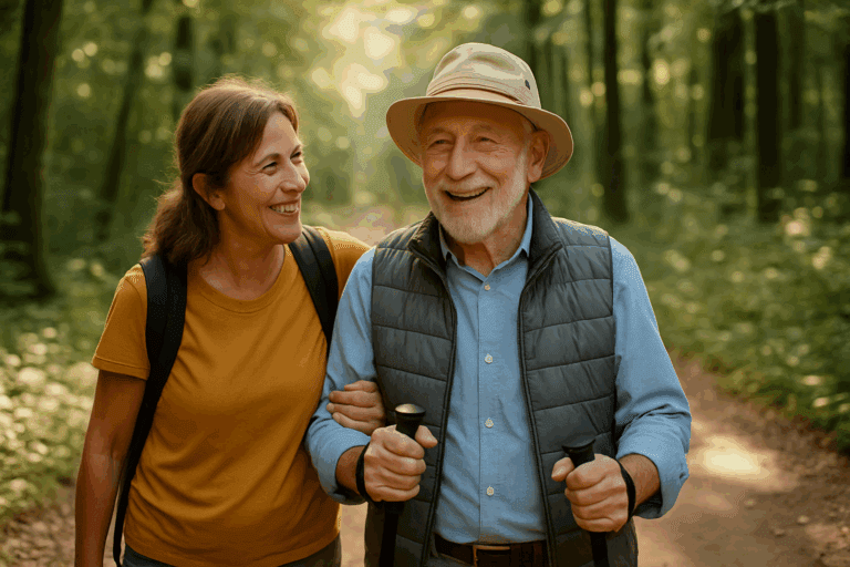An older adult hiker walking on a forest trail, smiling and enjoying the natural surroundings.