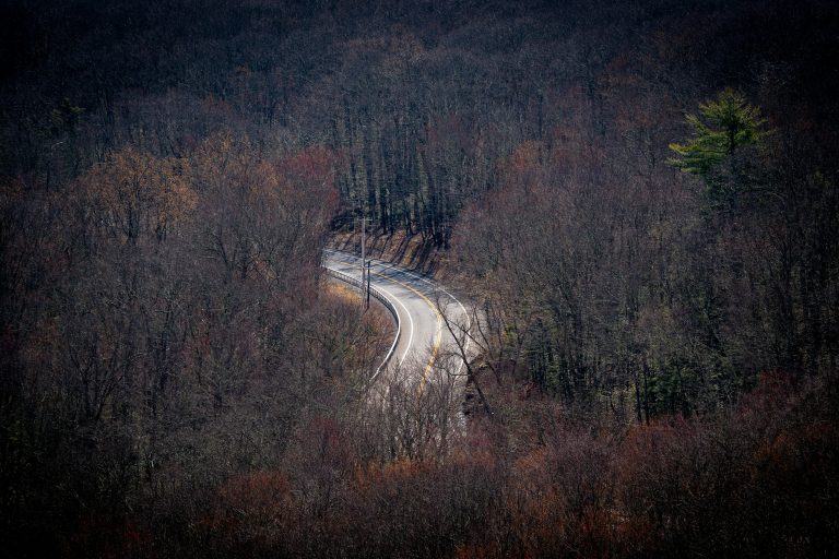 Minnewaska Loop Trail, Minnewaska State Park Preserve, New York, winding road, forest, winter.