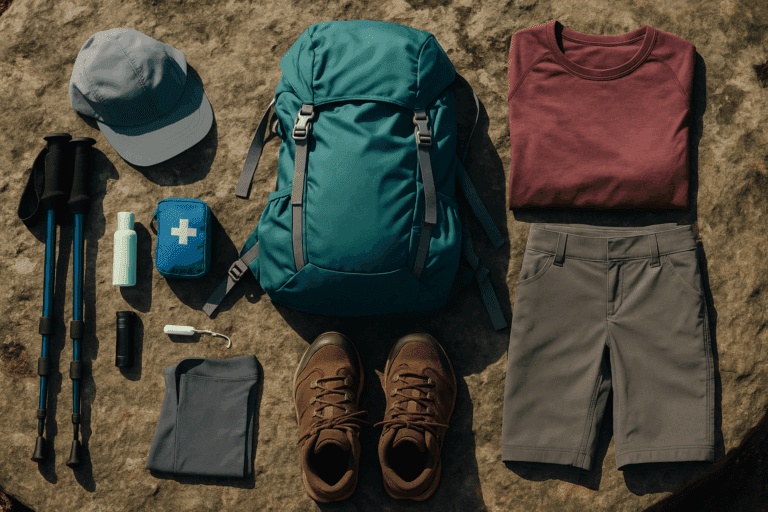 Essential hiking gear for women laid out on a wooden surface including boots, backpack, and layers