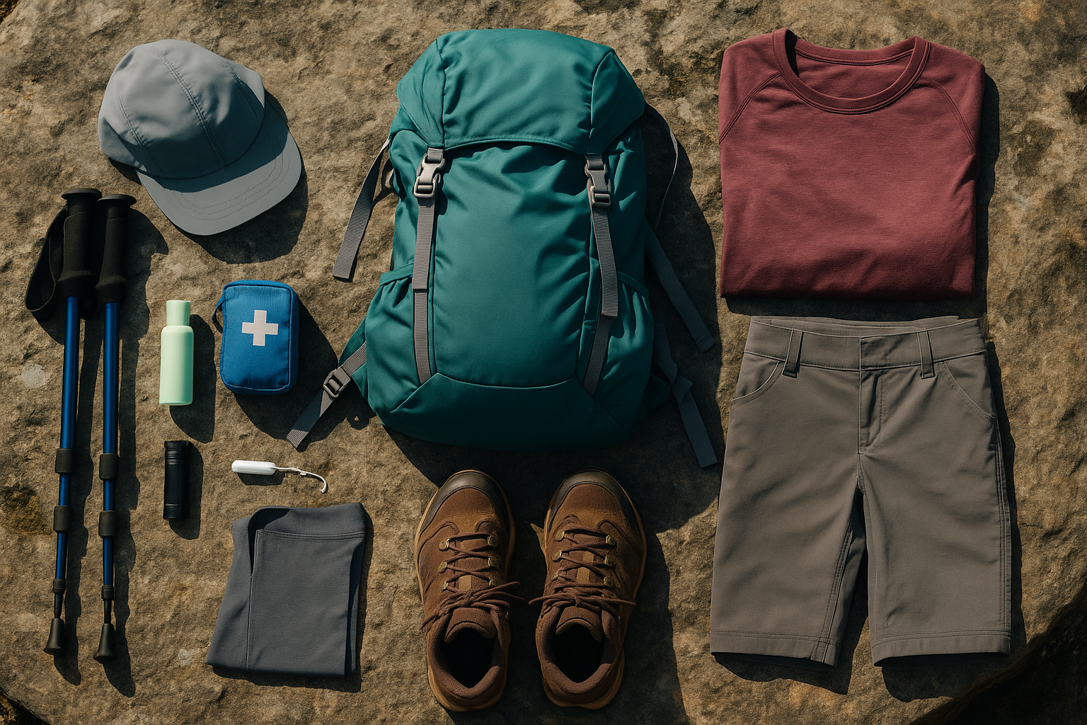 Essential hiking gear for women laid out on a wooden surface including boots, backpack, and layers