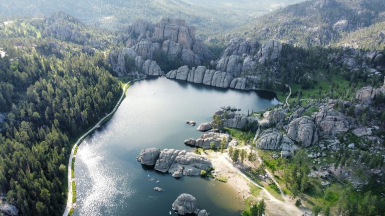 Arial view of Custer State Park's Sylvan Lake and Sunday Gulch