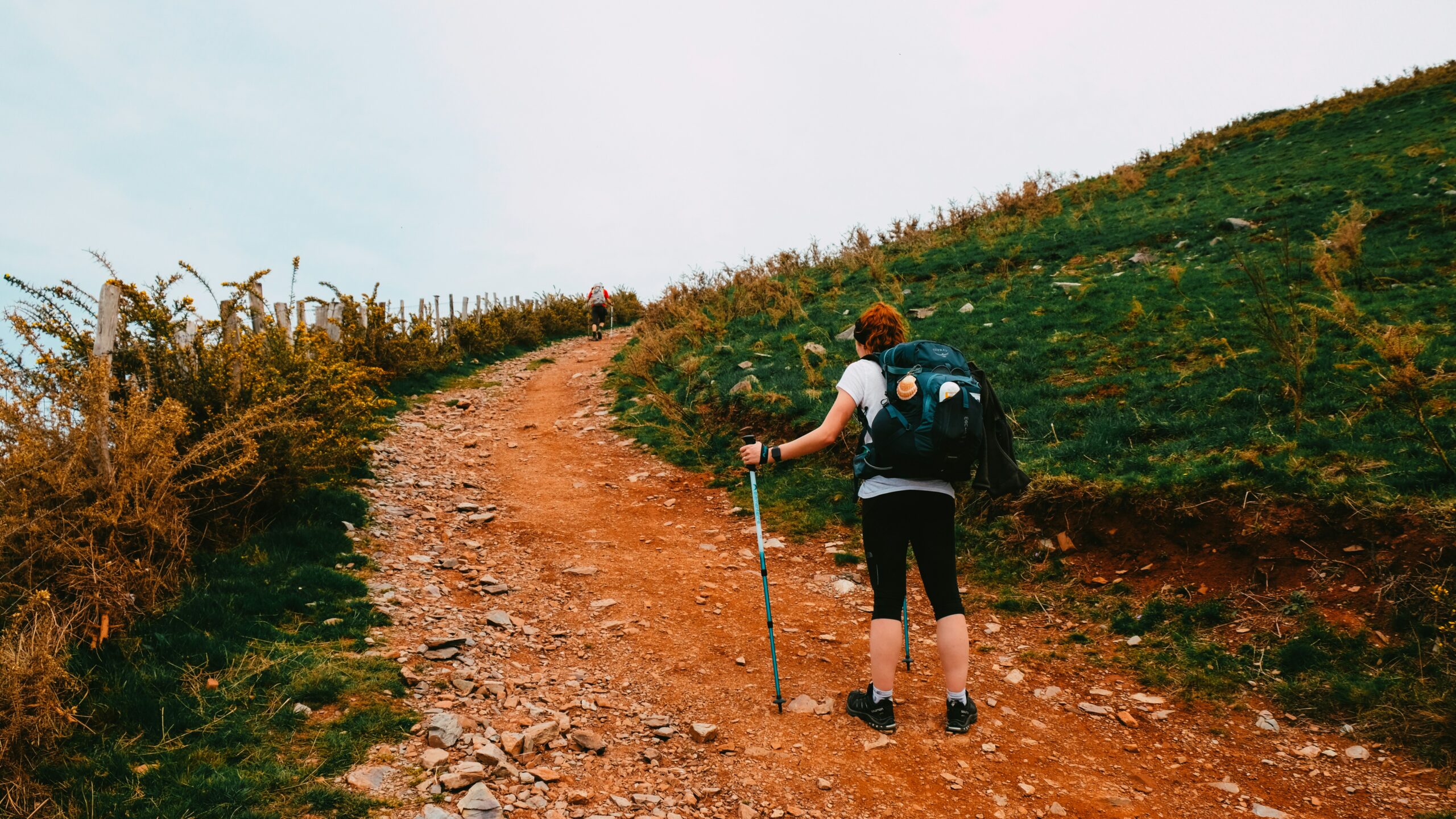 A person hiking uphill with a light daypack, symbolizing hiking and weight loss benefits.