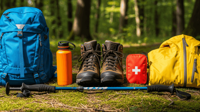Laid-out beginner hiking gear with cost effective options including boots, backpack, clothes and navigation tools