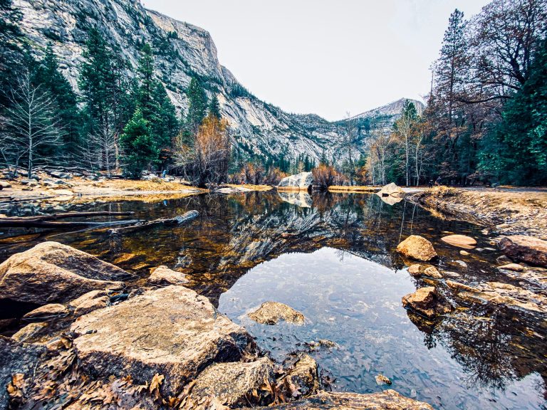 Clear reflection of Half Dome and Yosemite mountains in Mirror Lake Loop