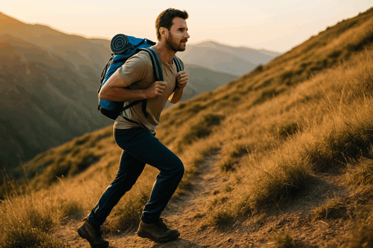 A male hiker climbing a hill with a daypack, representing calories burned while hiking