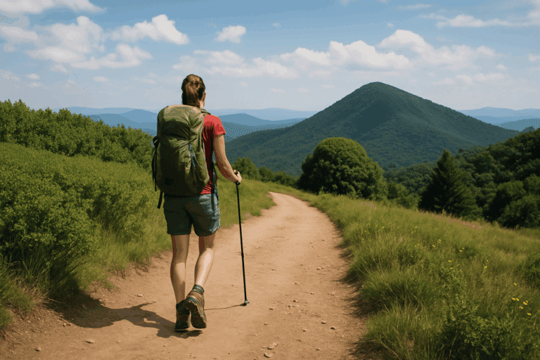 A woman hiking along a scenic trail in the mountains, symbolizing how to overcome a beginner trail plateau with confidence and fresh perspective.