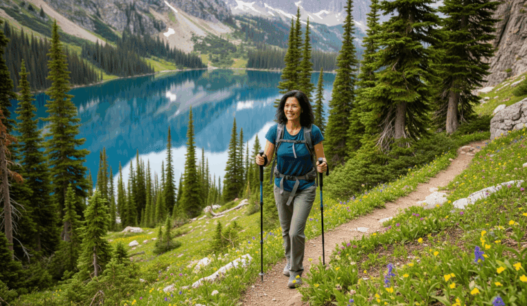 A solo hiker power-walking uphill on a forested trail with a light daypack, training for endurance on moderate terrain.