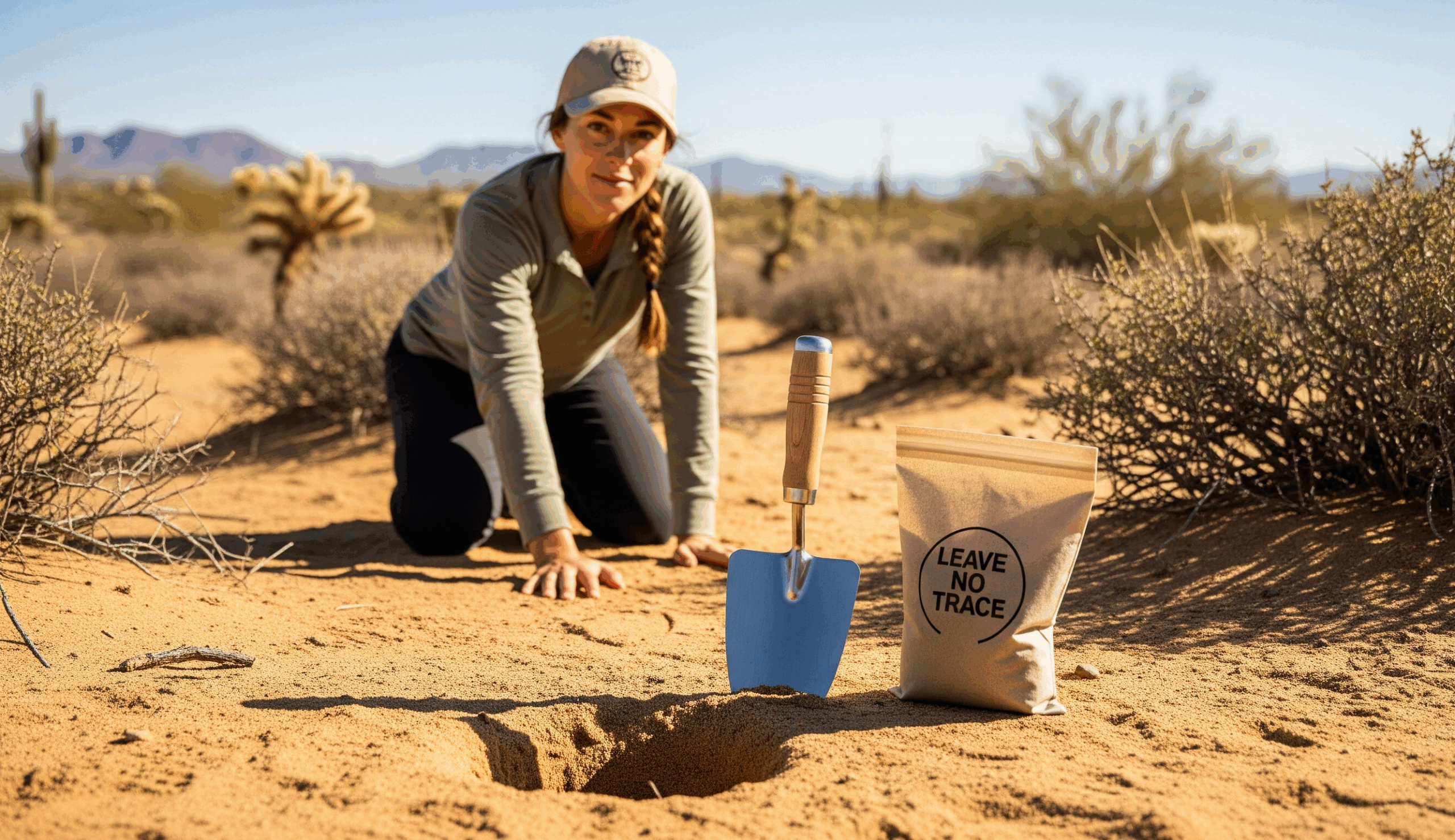 A hiker crouches discreetly with a small trowel and biodegradable bag nearby, practicing Leave No Trace in a clean alpine setting.