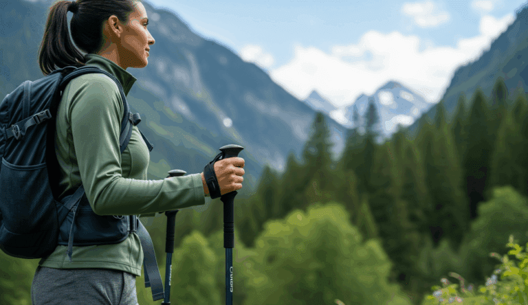 a hiker using trekking poles with a relaxed grip while ascending a sunlit forest trail.