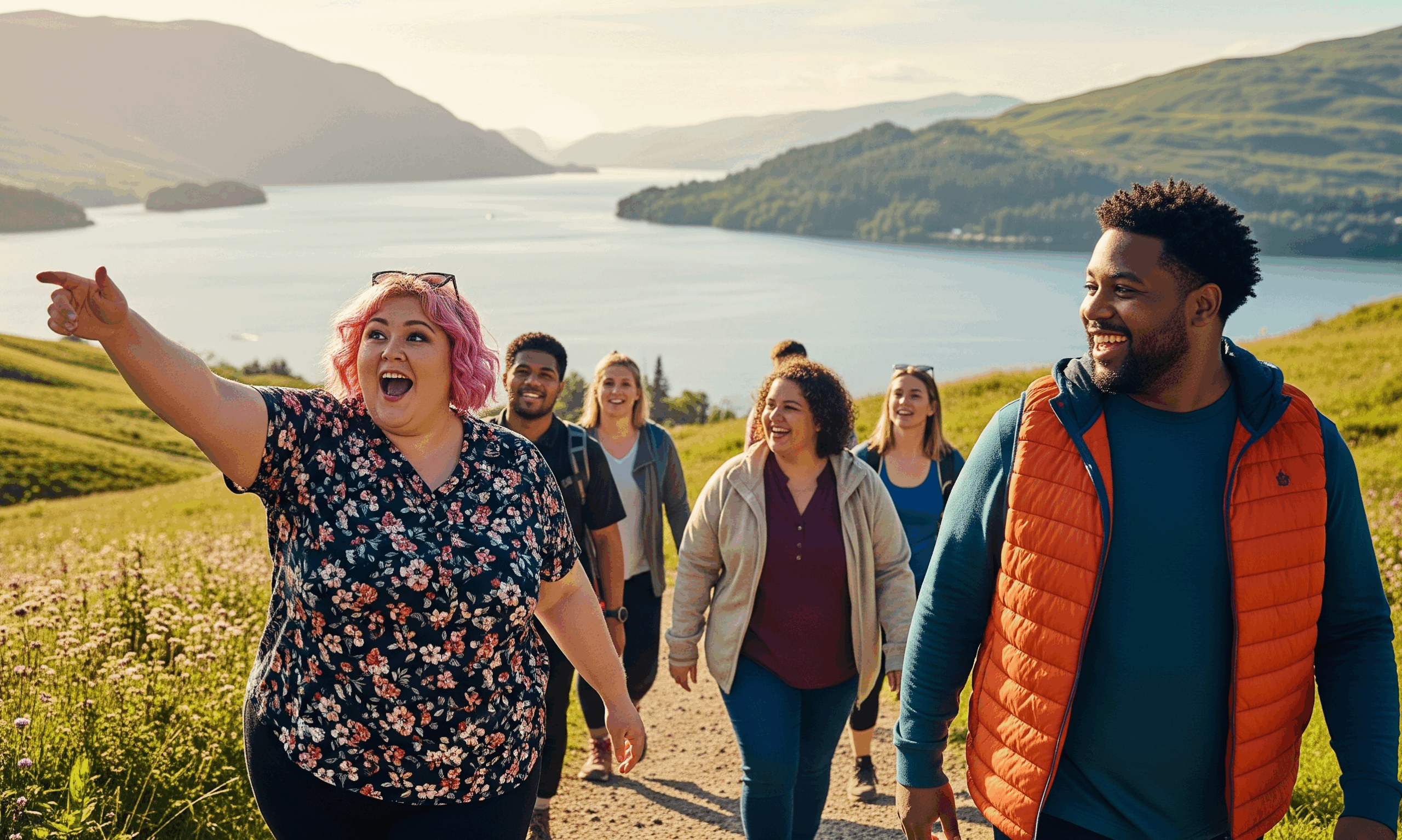 Beginner hikers enjoying hiking when overweight on scenic trail