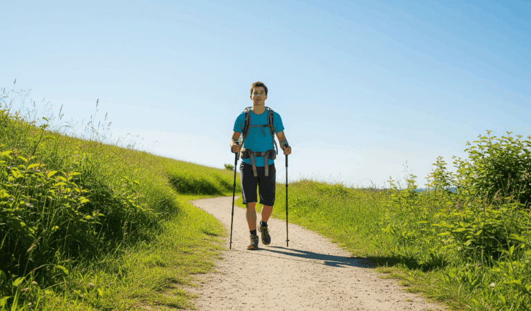 Hiking for beginners with bad knees on gentle trail using trekking poles