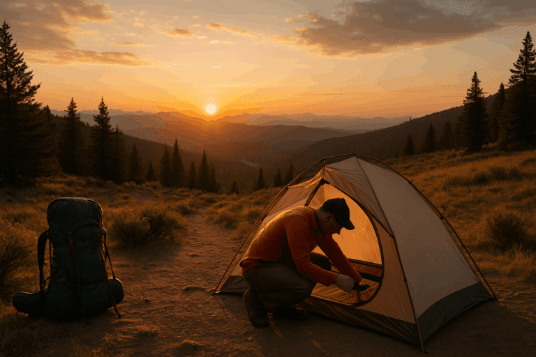 a hiker setting up camp during sunset on a scenic trail, symbolizing overnight hiking preparation.