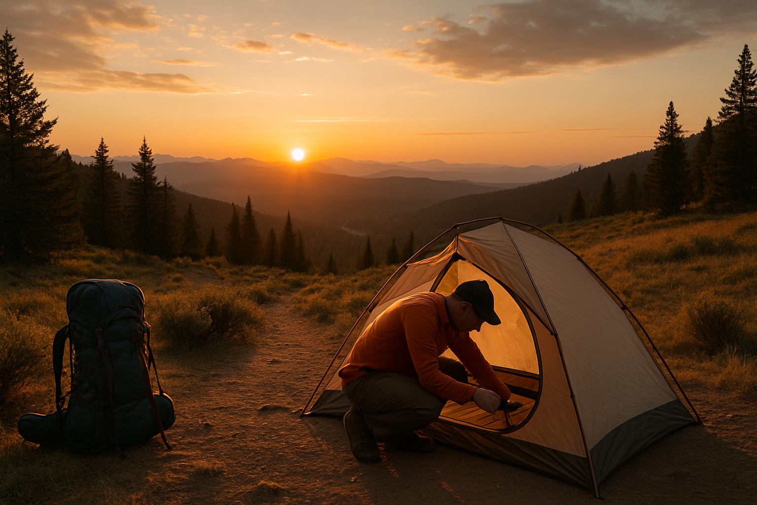a hiker setting up camp during sunset on a scenic trail, symbolizing overnight hiking preparation.