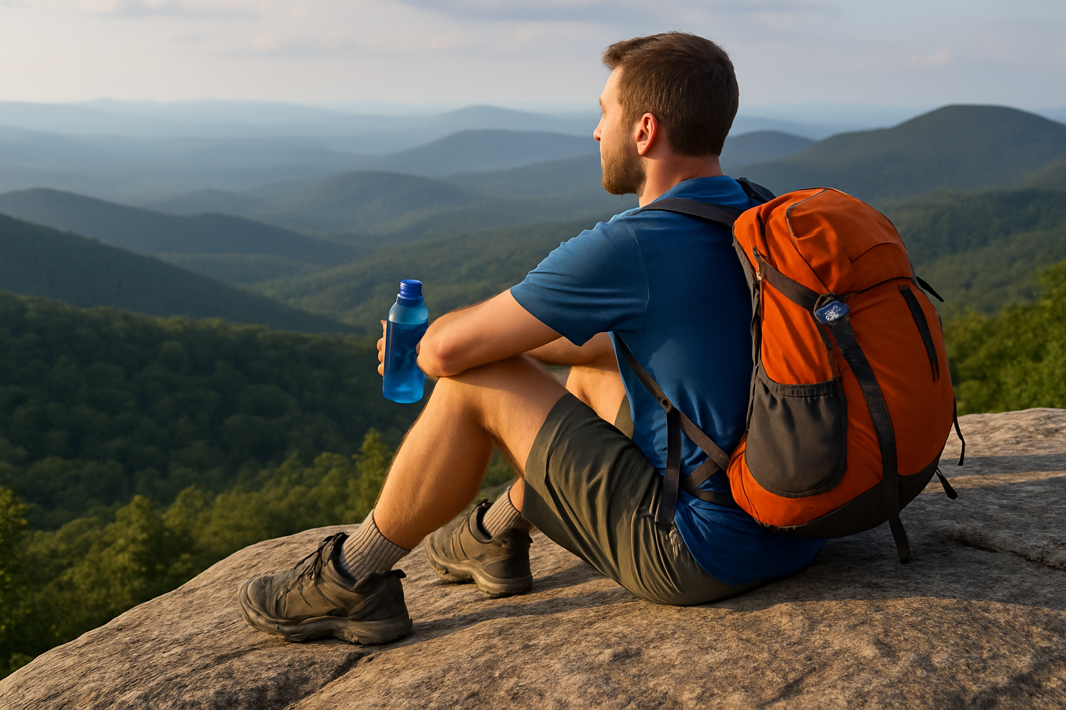 a hiker resting on a wooden bench beside a forest trail, with sunlight filtering through the trees—symbolizing post-hike recovery and mindfulness.