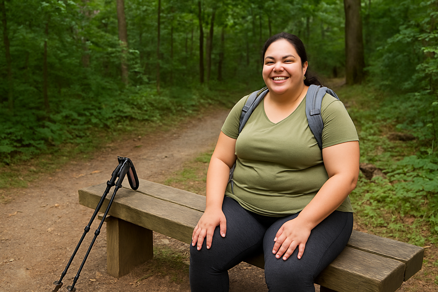 A smiling hiker resting on a bench at a forest trailhead, trekking poles leaning nearby,