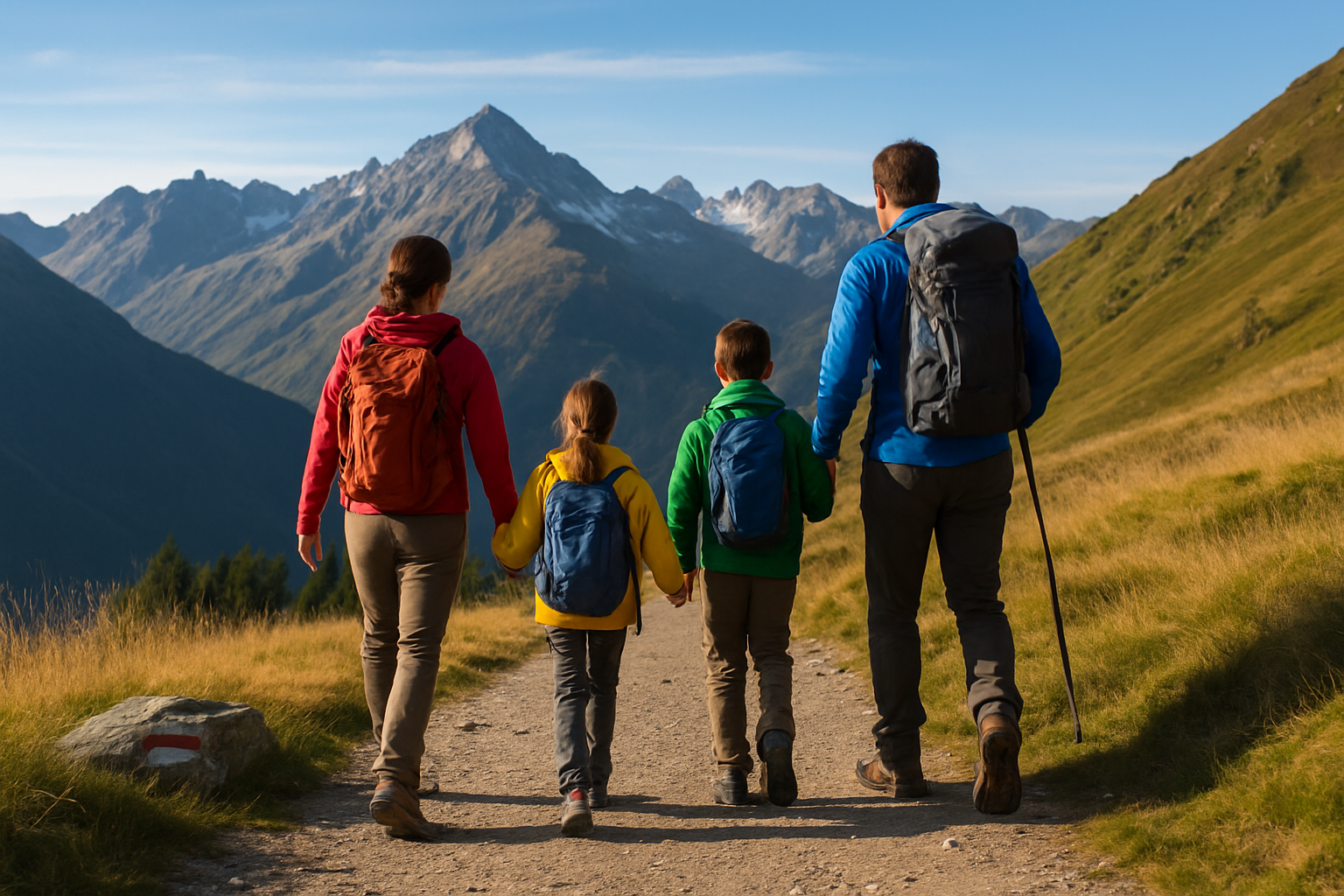 Family practicing safe high altitude hiking with kids on a mountain trail