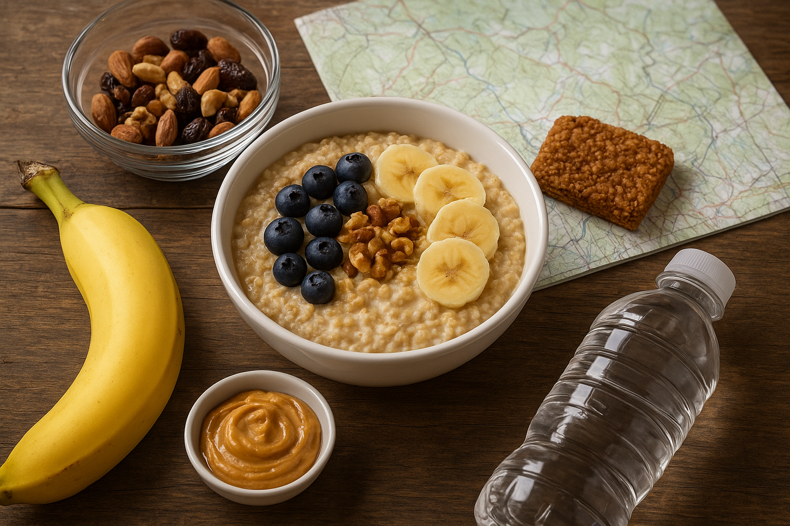 Healthy pre-hike meal with fruit, oatmeal, and nuts prepared for trail fuel