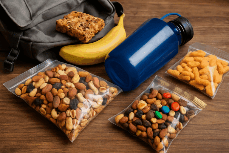 An assortment of healthy hiking snacks including nuts, dried fruit, and granola bars arranged on a wooden surface.