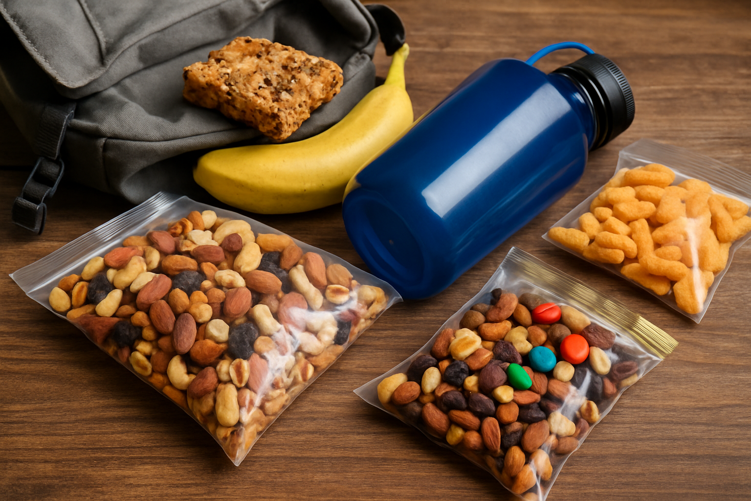 An assortment of healthy hiking snacks including nuts, dried fruit, and granola bars arranged on a wooden surface.
