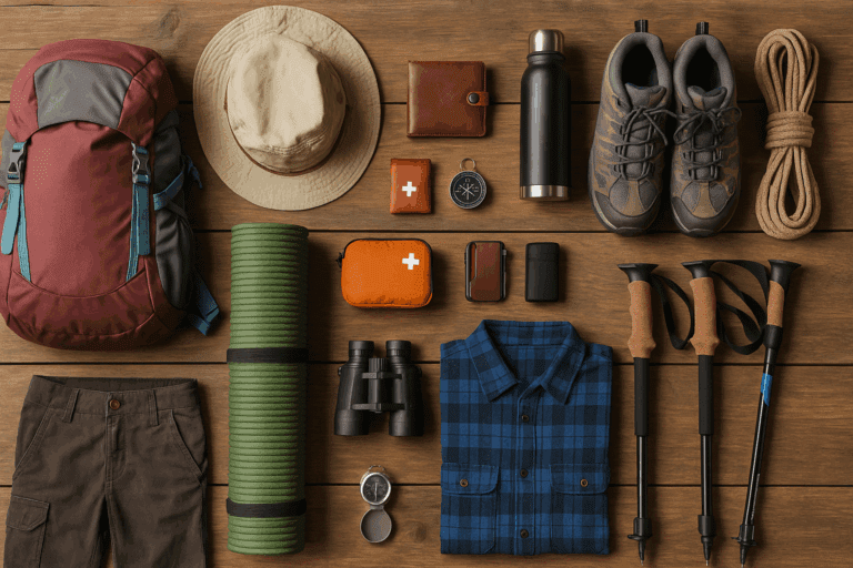 A photograph displays hiking gear arranged on a rustic wooden surface, including a burgundy backpack, sun hat, hiking boots, trekking poles, first aid kit, and a blue flannel shirt — ideal for beginner hikers.
